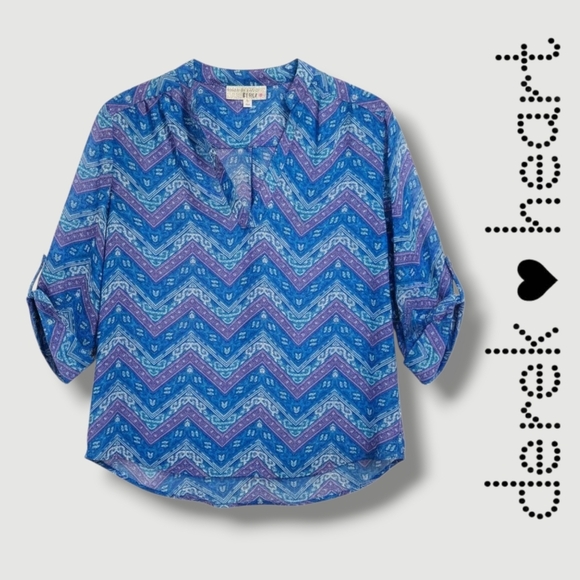 Derek Heart Women’s Blue Chevron Semi-Sheer V-Neck Long Sleeve Blouse | Size M - Picture 8 of 8